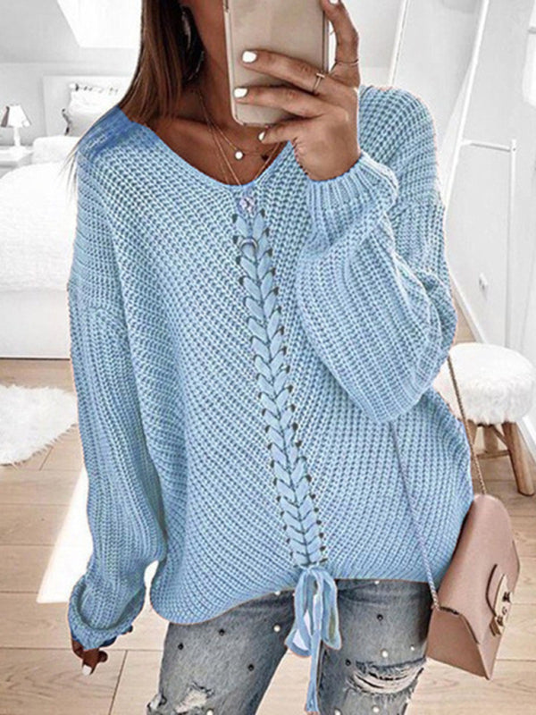 Women's sweater knitted lace-up elegant, long sleeves and v-neck, loose