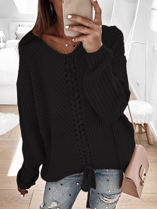 Women's sweater knitted lace-up elegant, long sleeves and v-neck, loose