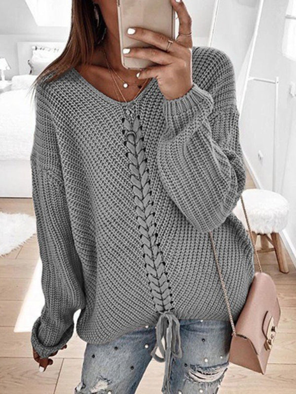 Women's sweater knitted lace-up elegant, long sleeves and v-neck, loose