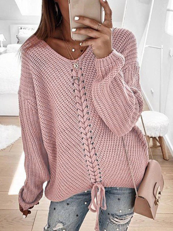 Women's sweater knitted lace-up elegant, long sleeves and v-neck, loose