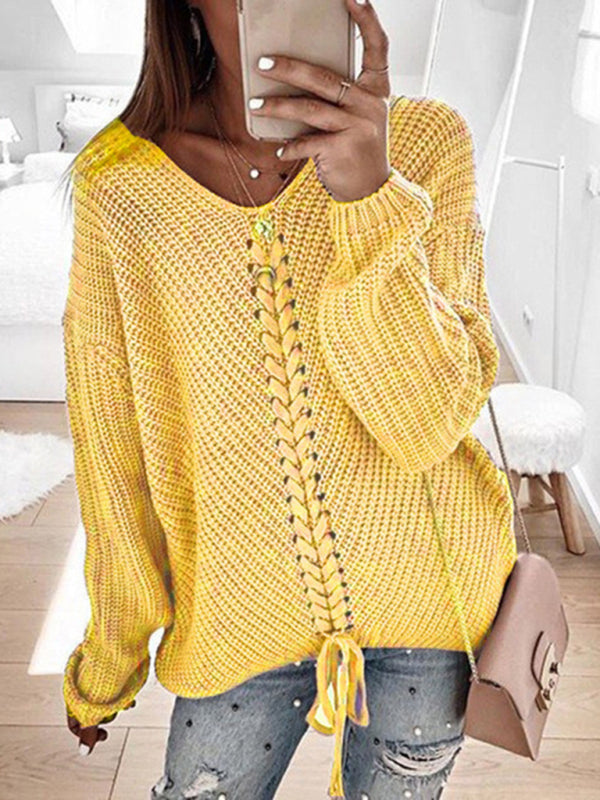 Women's sweater knitted lace-up elegant, long sleeves and v-neck, loose