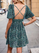 Women's Mini Dress flared short sleeves elegant, fish scale print