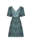 Women's Mini Dress flared short sleeves elegant, fish scale print