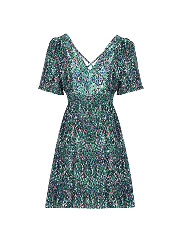 Women's Mini Dress flared short sleeves elegant, fish scale print