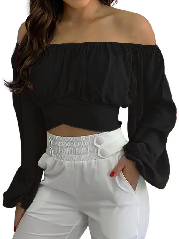 Women's T-shirt off shoulder elegant, crossed straps, long lantern sleeves