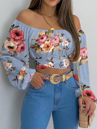 Women's T-shirt off shoulder elegant, crossed straps, long lantern sleeves