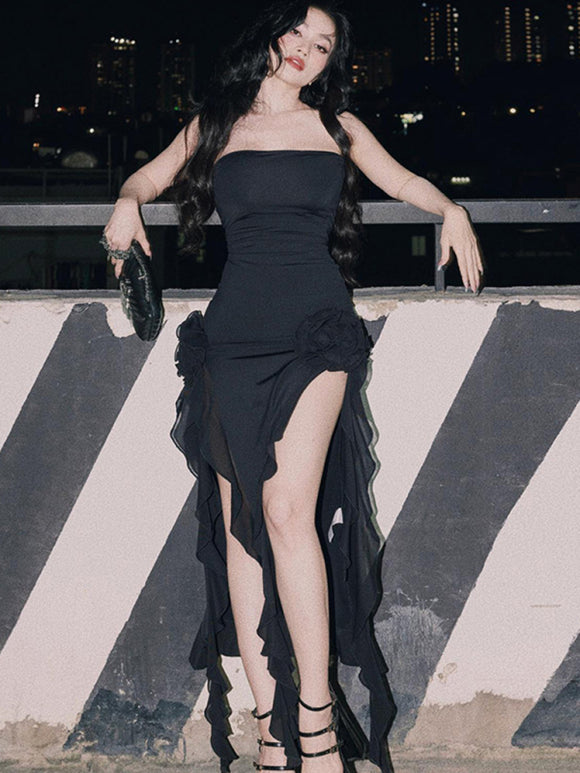 Vestido de noche envuelve el pecho con abertura en la pierna expuesta