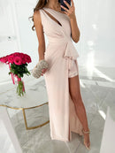 Evening Dress Long split, sexy, off the shoulder, cutouts on one shoulder