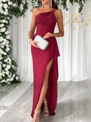 Women's dress party asymmetric high slit elegant one shoulders