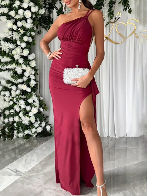 Women's dress party asymmetric high slit elegant one shoulders