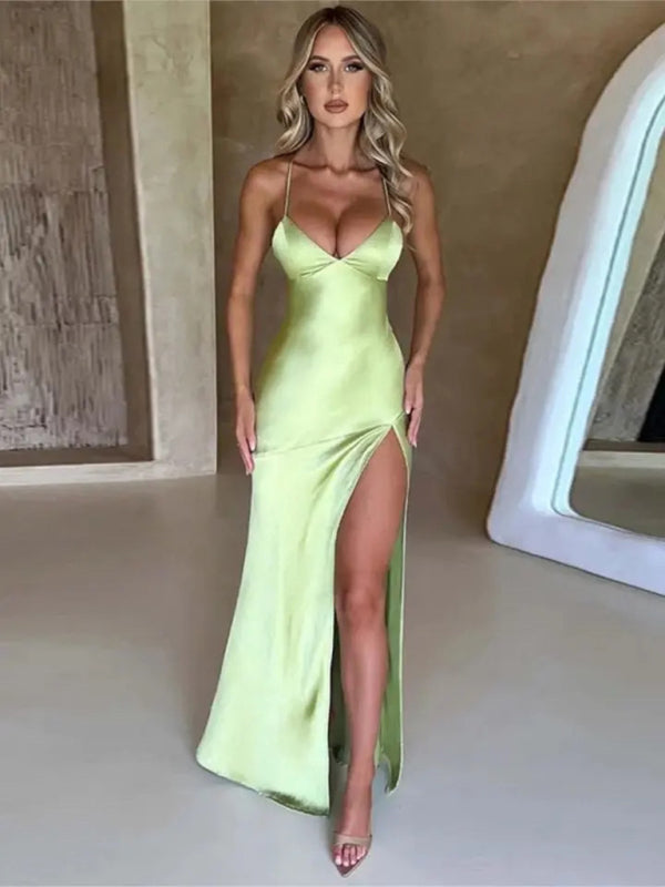 Women's long dress in satin sexy backless elegant side slit