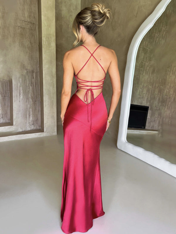 Women's long dress in satin sexy backless elegant side slit