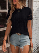 Women's Shirt with round neck solid eyelets, casual short sleeve