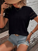 Women's Shirt with round neck solid eyelets, casual short sleeve