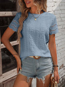 Women's Shirt with round neck solid eyelets, casual short sleeve