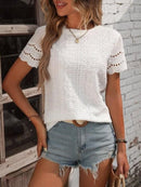 Women's Shirt with round neck solid eyelets, casual short sleeve