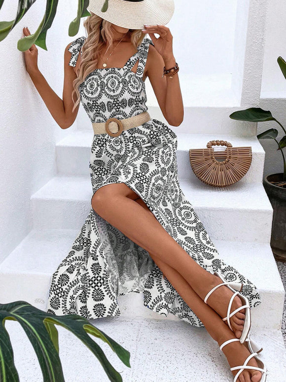 Women's Dress Maxi straps and slit on the thigh elegant, printed