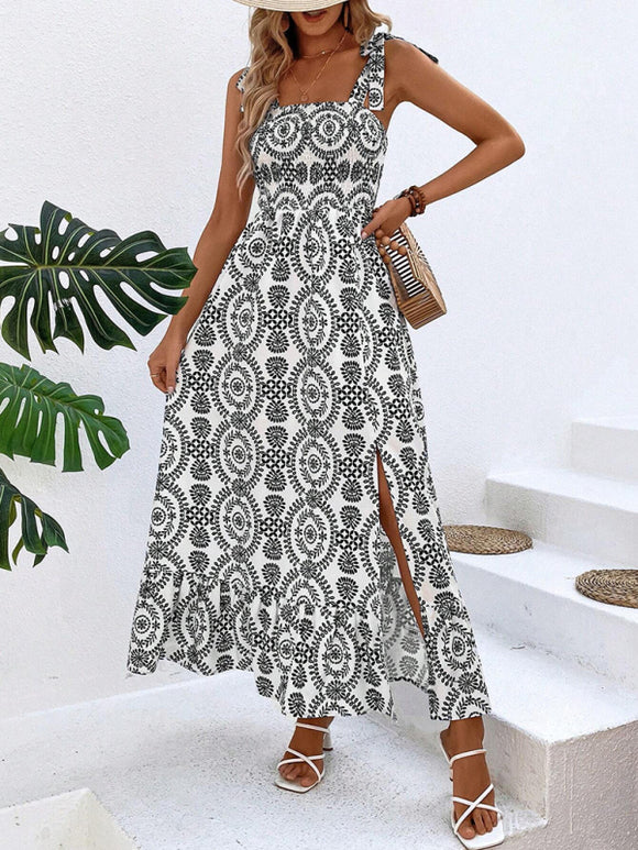 Women's Dress Maxi straps and slit on the thigh elegant, printed