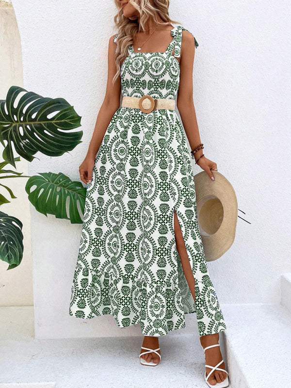 Women's Dress Maxi straps and slit on the thigh elegant, printed