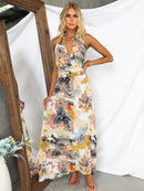 Women's Dress A-line elegant, sexy backless, printed, lace-up, Adjustable