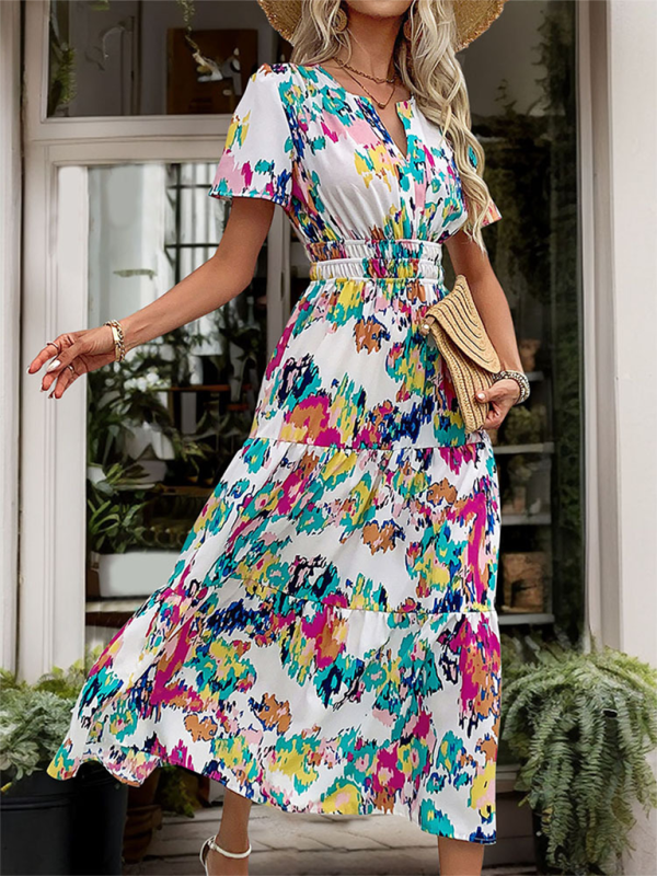 Women's Dress long Bohemian elegant printed with short sleeves V-neck