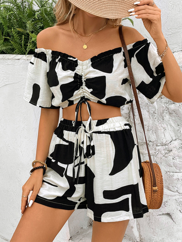 Women's Set top and shorts, off the shoulder, drawstring, sexy print