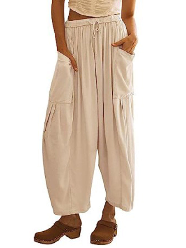 Women's pants drawstring, wide leg with pockets, loose casual