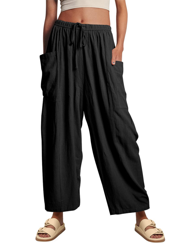 Women's pants drawstring, wide leg with pockets, loose casual