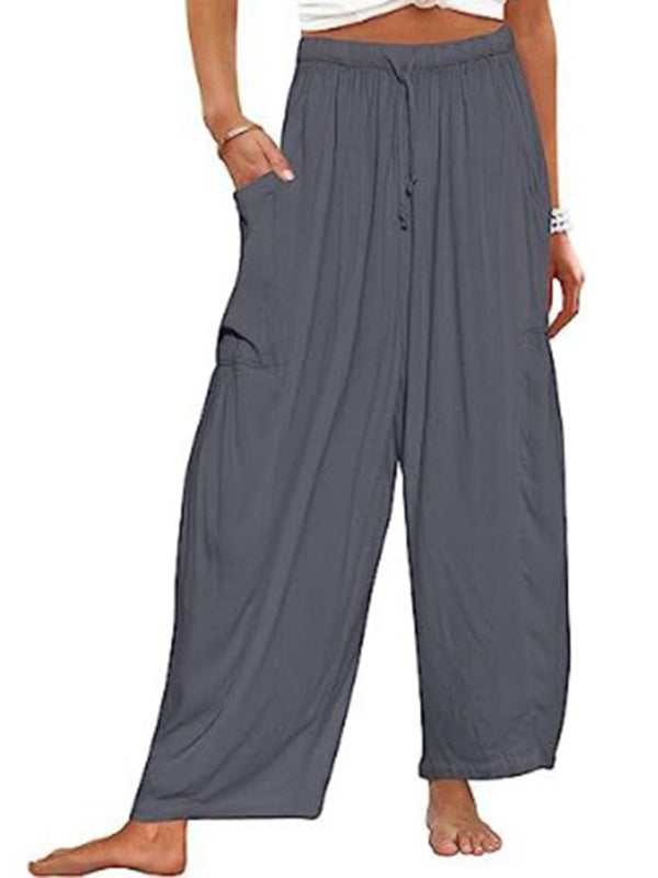 Women's pants drawstring, wide leg with pockets, loose casual