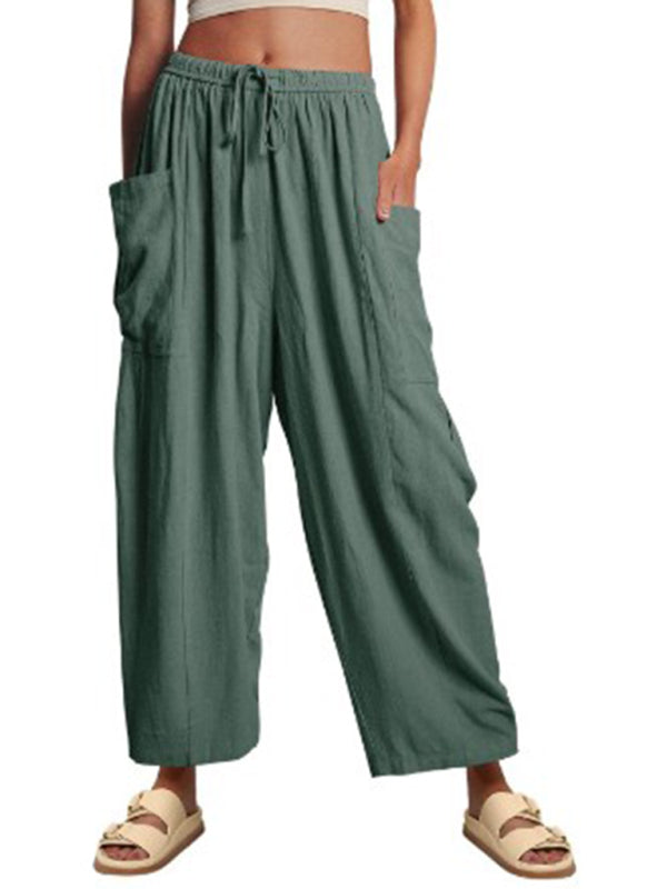 Women's pants drawstring, wide leg with pockets, loose casual