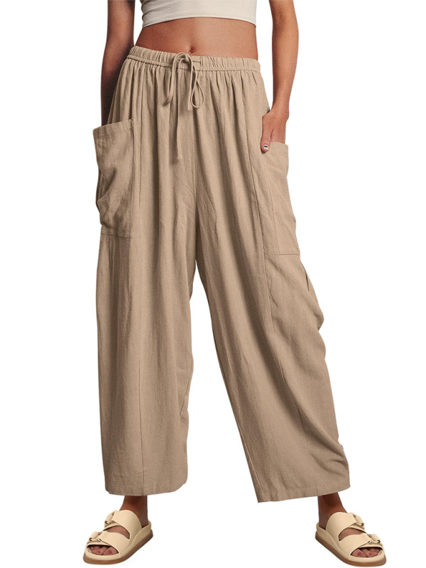 Women's pants drawstring, wide leg with pockets, loose casual