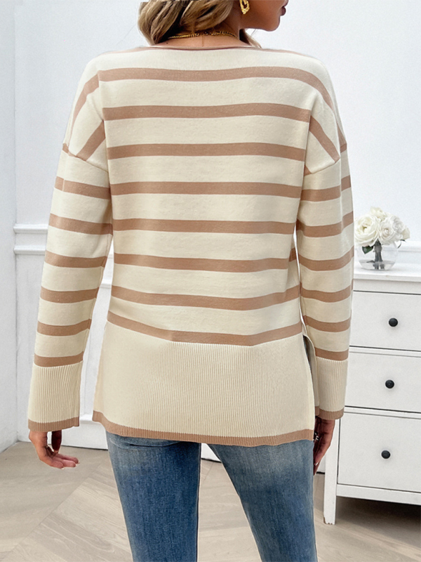 Women's sweater loose long sleeves, v-neck elegant contrasting color