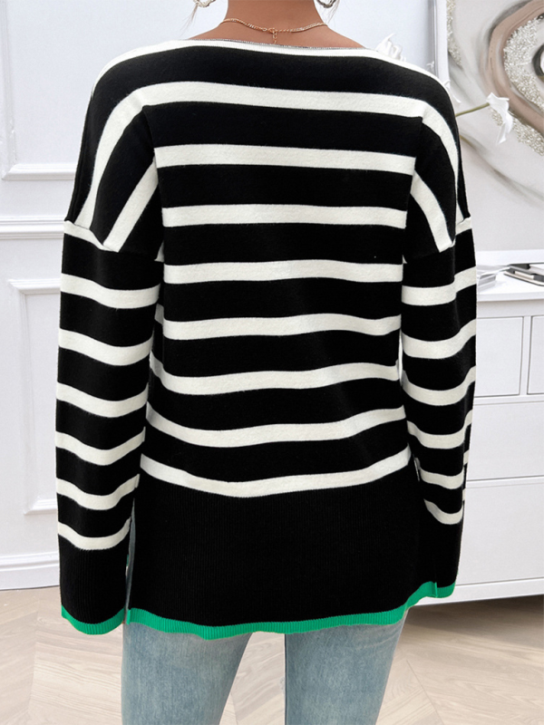 Women's sweater loose long sleeves, v-neck elegant contrasting color