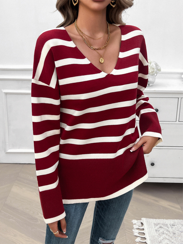 Women's sweater loose long sleeves, v-neck elegant contrasting color