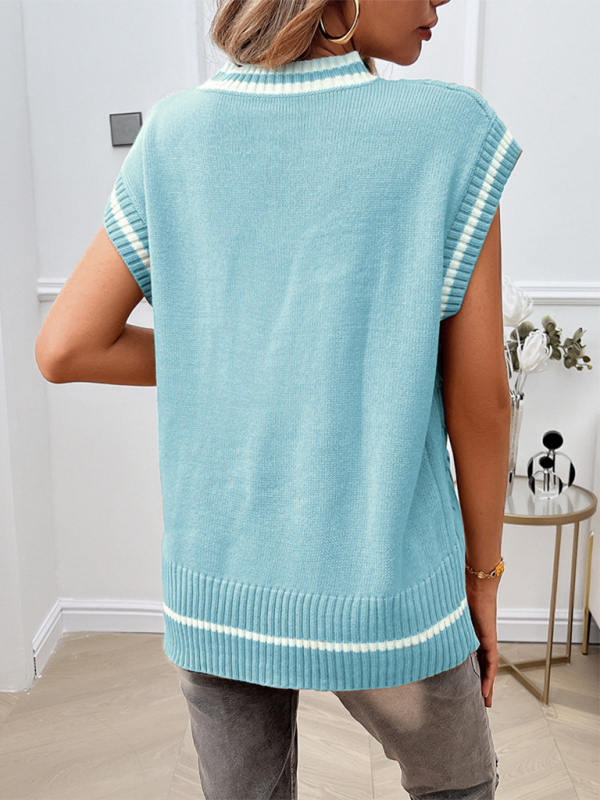 Women's sweater knitted loose v-neck sweater elegant, contrast color