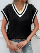 Women's sweater knitted loose v-neck sweater elegant, contrast color