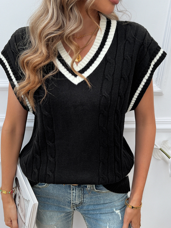 Women's sweater knitted loose v-neck sweater elegant, contrast color