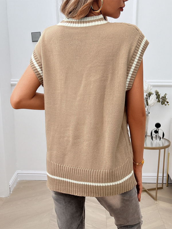 Women's sweater knitted loose v-neck sweater elegant, contrast color