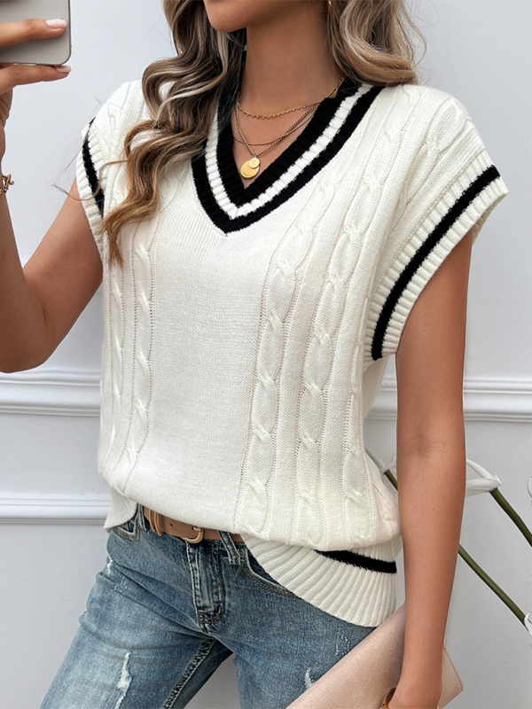 Women's sweater knitted loose v-neck sweater elegant, contrast color