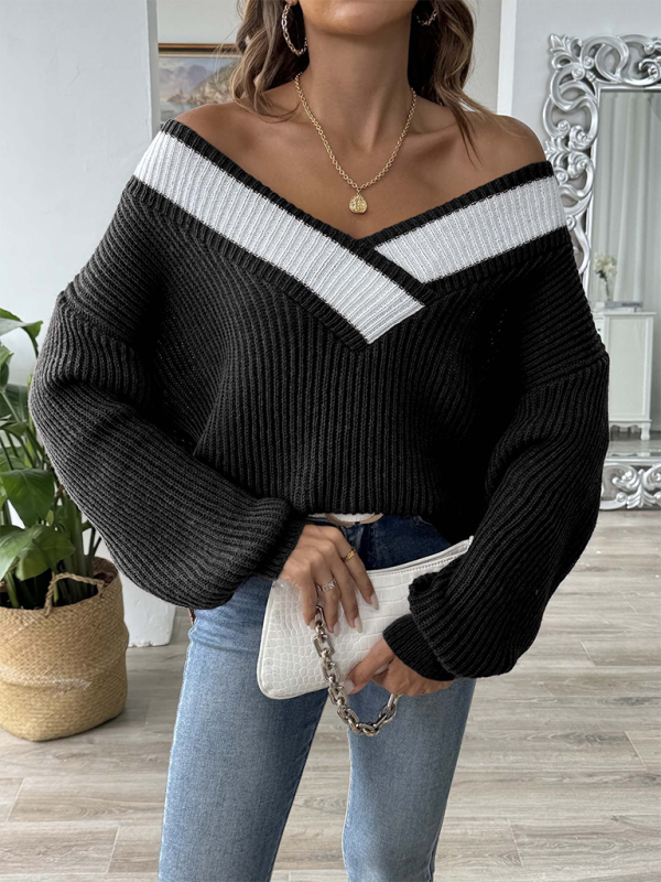 Women's sweater with dropped shoulders, V-neck contrasting stitching