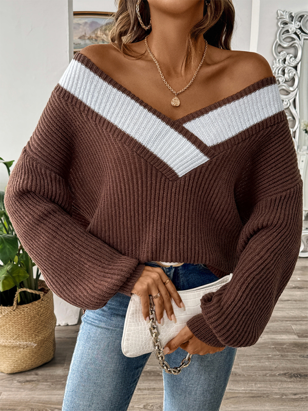 Women's sweater with dropped shoulders, V-neck contrasting stitching