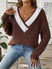Women's sweater with dropped shoulders, V-neck contrasting stitching