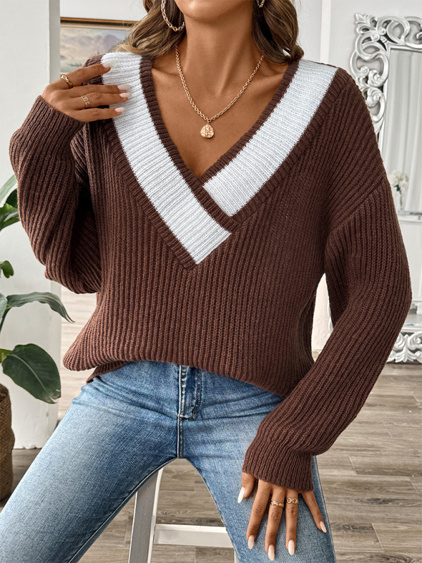 Women's sweater with dropped shoulders, V-neck contrasting stitching