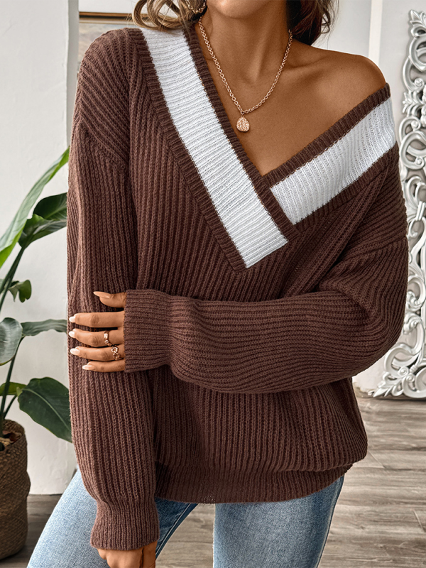 Women's sweater with dropped shoulders, V-neck contrasting stitching