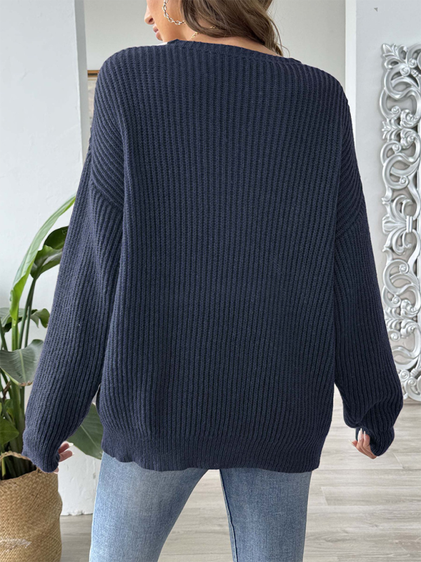 Women's sweater with dropped shoulders, V-neck contrasting stitching