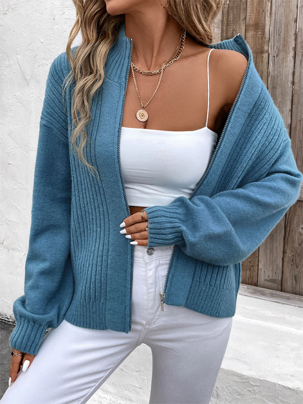 Women's sweater cardigan knitted zipper, long sleeves, stand-up collar, jacket