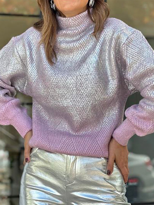 Women's sweater knitted pattern shiny elegant, high neck warm