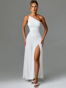 Women's dress evening trapeze split gathered off shoulder