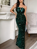 Women's Sexy Maxi Dress Elegant Strapless Sequin Evening Gown
