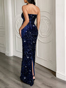 Women's Sexy Maxi Dress Elegant Strapless Sequin Evening Gown-10